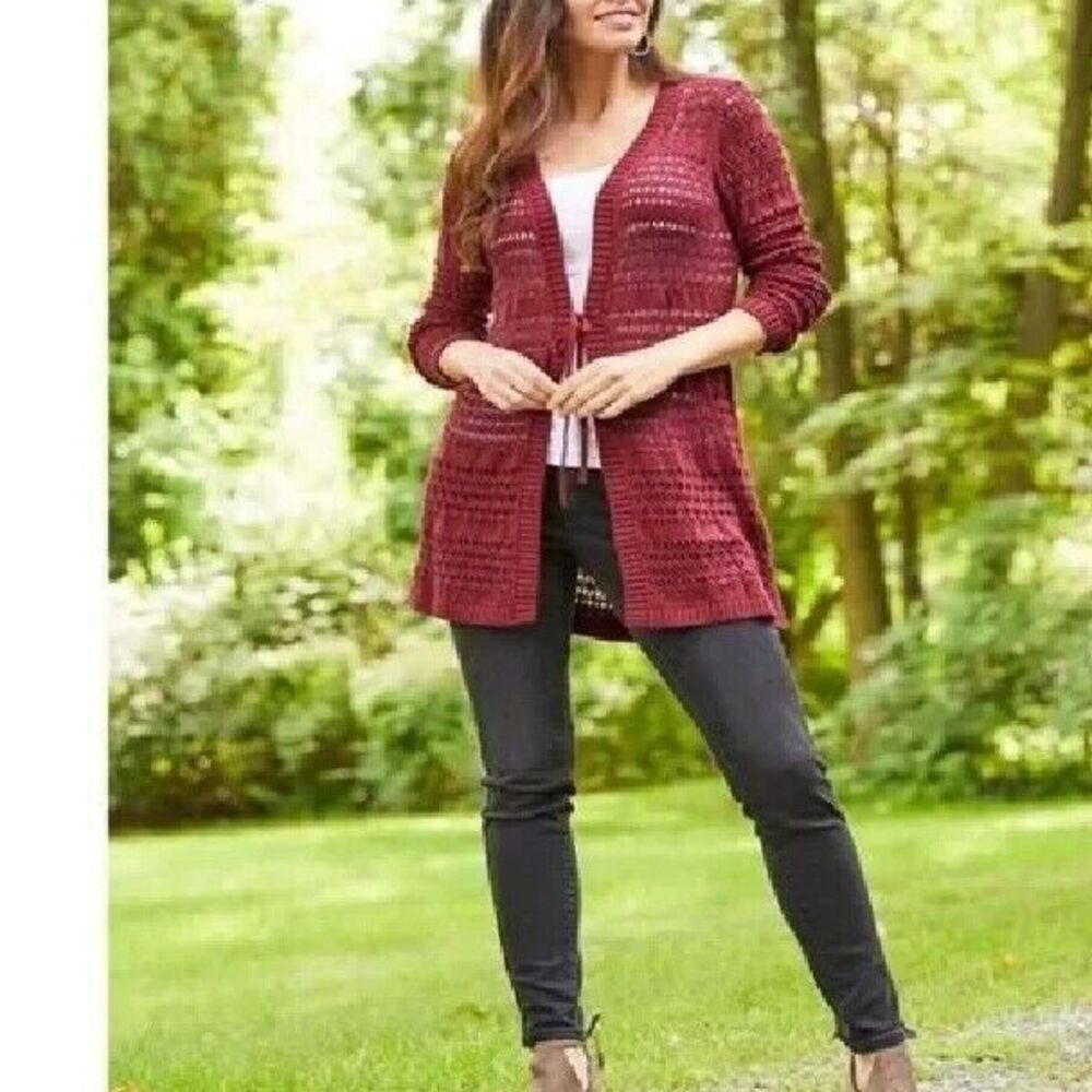 Matilda Jane Cardigan Womens M Red Stitch In Time Open Knit Tie Front Boho NEW